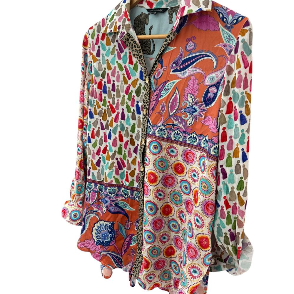 John Mark Mixed Print Buttun Front Roll Tab Sleev… - image 5